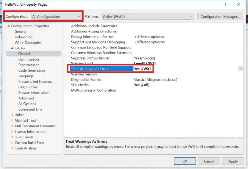 Visual Studio 将警告视为错误