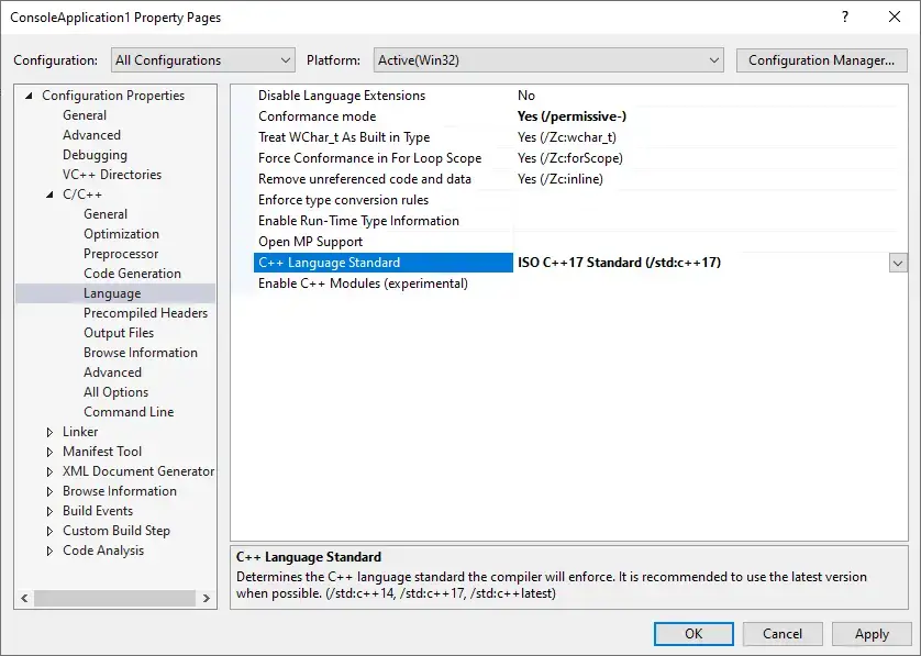 Visual Studio 选择语言标准